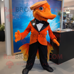 Orange Betta Fish mascot costume character dressed with a Tuxedo and Ties