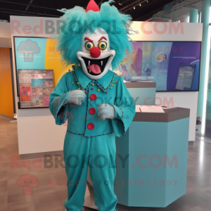 Turquoise Evil Clown mascot costume character dressed with a One-Piece Swimsuit and Wallets