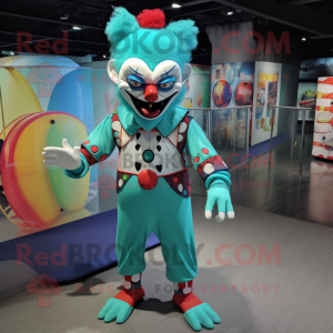 Turquoise Evil Clown mascot costume character dressed with a One-Piece Swimsuit and Wallets