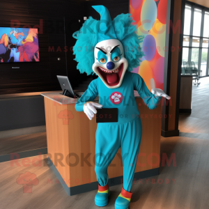 Turquoise Evil Clown mascot costume character dressed with a One-Piece Swimsuit and Wallets