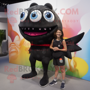 Black Piranha mascot costume character dressed with a Yoga Pants and Shoe clips