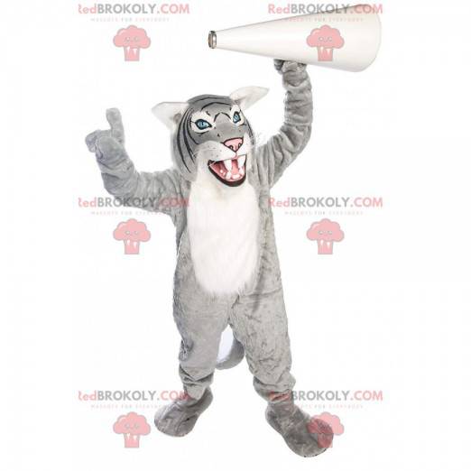 Mascotte grijze en witte tijger, kostuum reusachtig beest -