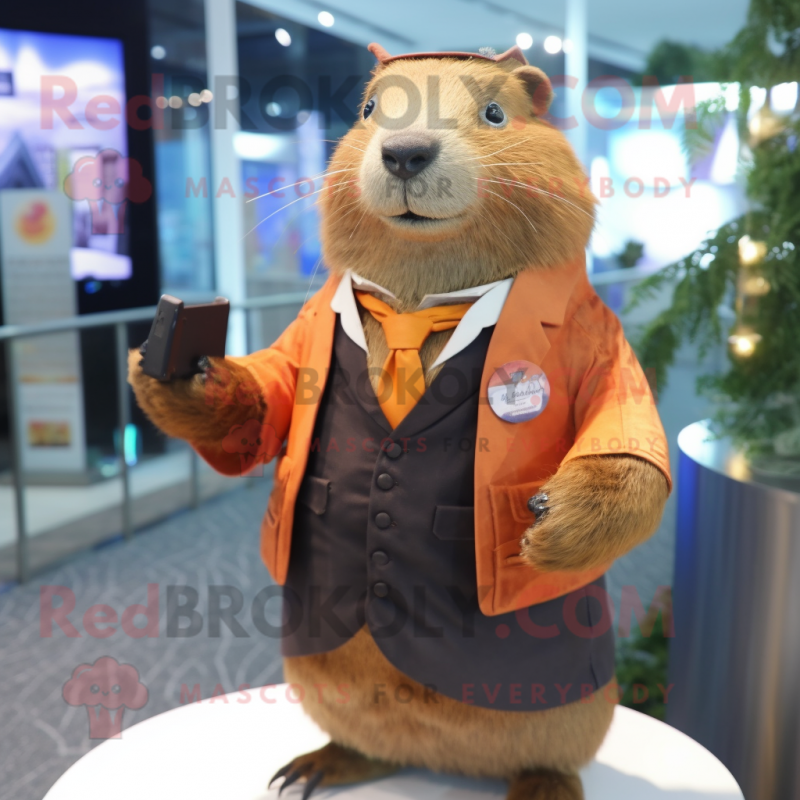 Rust Capybara mascot costume character dressed with a Waistcoat and Lapel pins