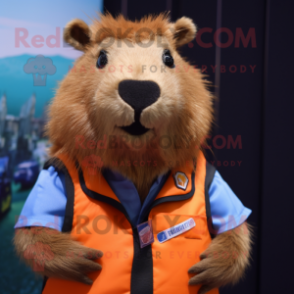 Rust Capybara mascot costume character dressed with a Waistcoat and Lapel pins