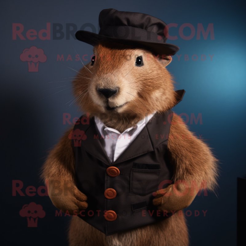 Rust Capybara mascot costume character dressed with a Waistcoat and Lapel pins Rust Capybara mascot costume character dressed with a Waistcoat and Lapel pins