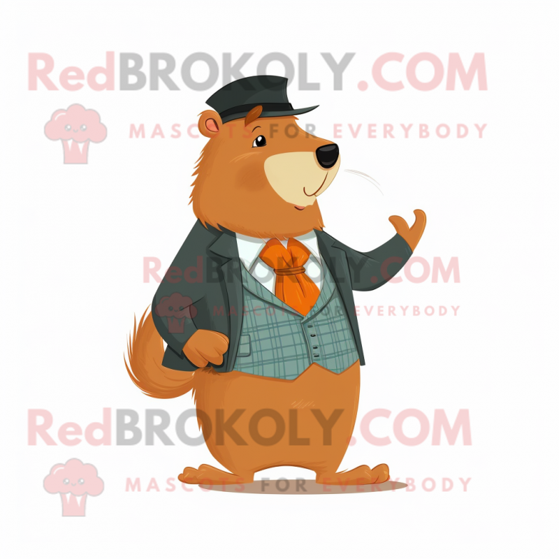 Rust Capybara mascot costume character dressed with a Waistcoat and Lapel pins