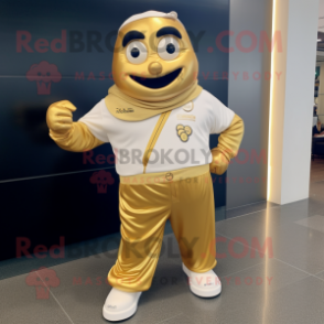 Gold Moussaka mascot costume character dressed with a Joggers and Belts