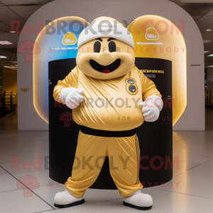 Gold Moussaka mascot costume character dressed with a Joggers and Belts
