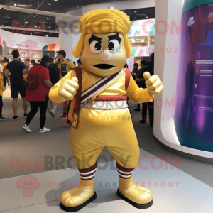 Gold Moussaka mascot costume character dressed with a Joggers and Belts