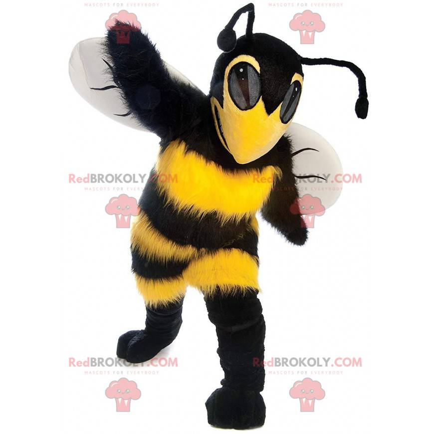 Mascotte d'abeille jaune et noire, costume de guêpe intimidante