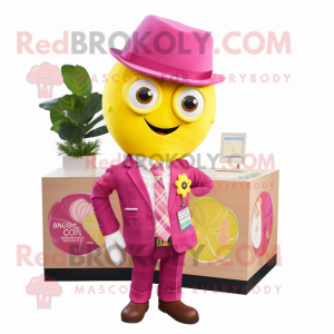 Magenta Lemon mascot costume character dressed with a Romper and Pocket squares