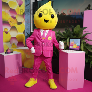 Magenta Lemon mascot costume character dressed with a Romper and Pocket squares