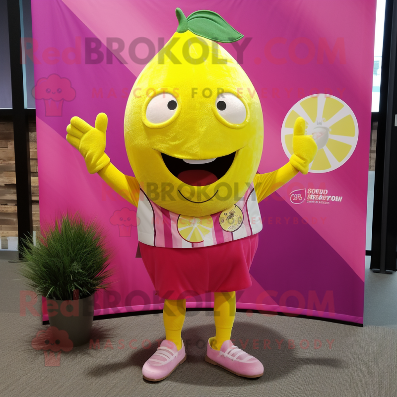Magenta Lemon mascot costume character dressed with a Romper and Pocket squares Magenta Lemon mascot costume character dressed with a Romper and Pocket squares