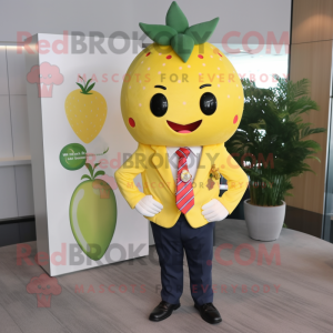 Yellow Strawberry mascot costume character dressed with a Jacket and Ties