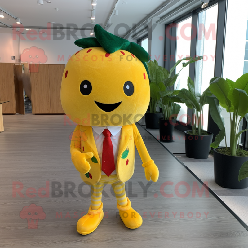 Yellow Strawberry mascot costume character dressed with a Jacket and Ties