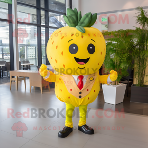 Yellow Strawberry mascot costume character dressed with a Jacket and Ties