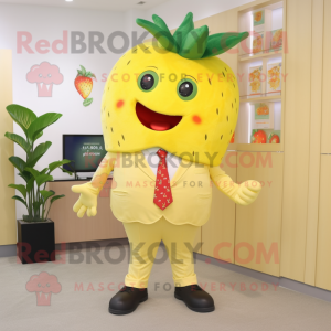 Yellow Strawberry mascot costume character dressed with a Jacket and Ties