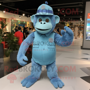 Sky Blue Orangutan mascot costume character dressed with a Polo Shirt and Berets