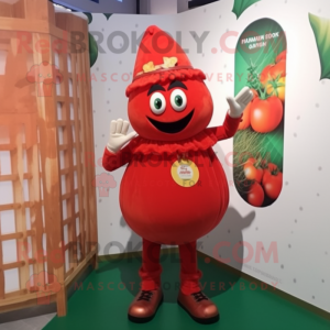 nan Tomato mascot costume character dressed with a Graphic Tee and Clutch bags