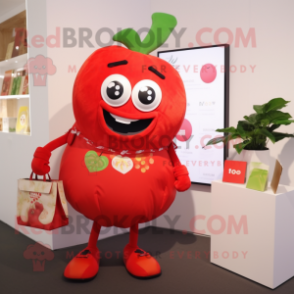 nan Tomato mascot costume character dressed with a Graphic Tee and Clutch bags