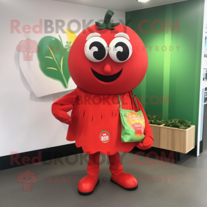 nan Tomato mascot costume character dressed with a Graphic Tee and Clutch bags