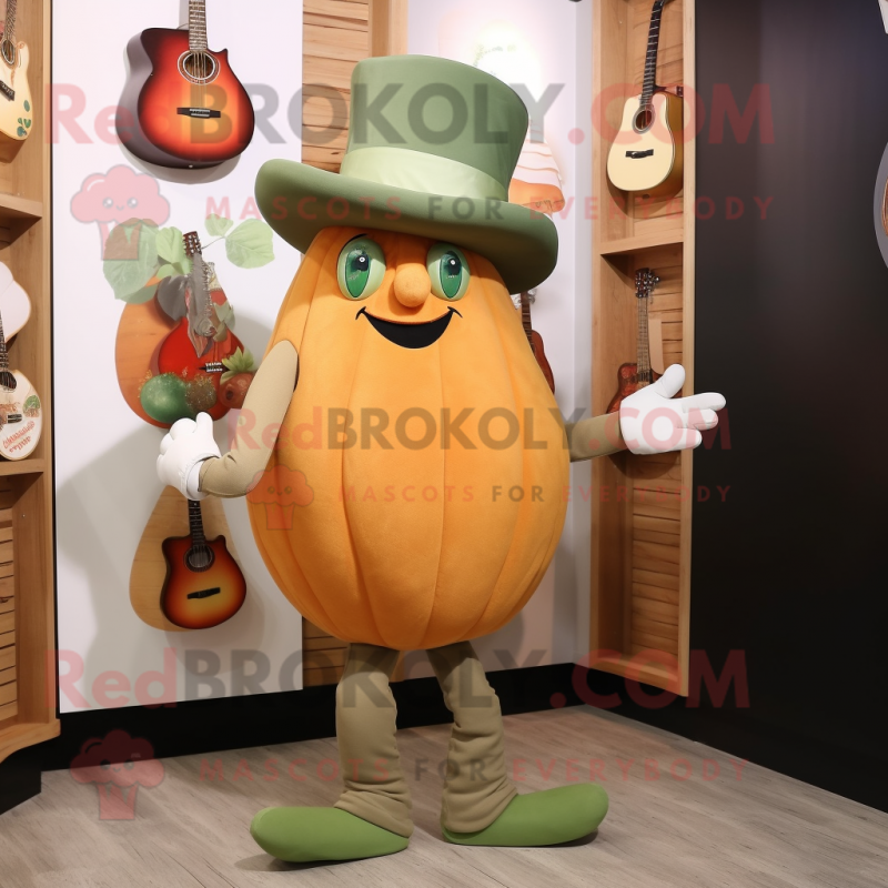 Olive Pumpkin mascot costume character dressed with a Capri Pants and Hat pins