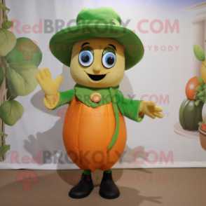 Olive Pumpkin mascot costume character dressed with a Capri Pants and Hat pins