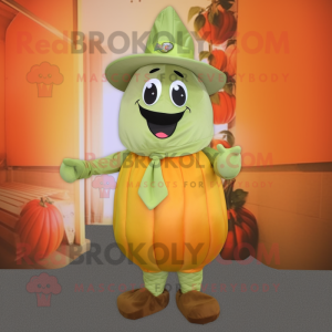 Olive Pumpkin mascot costume character dressed with a Capri Pants and Hat pins