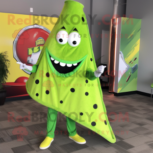 Lime Green Pizza Slice mascot costume character dressed with a Jeggings and Shawl pins