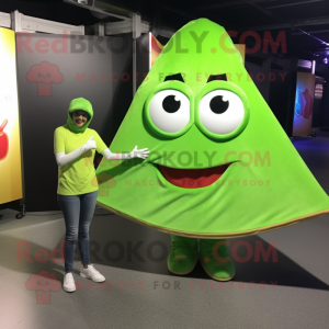 Lime Green Pizza Slice mascot costume character dressed with a Jeggings and Shawl pins