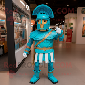 Turquoise Roman Soldier mascot costume character dressed with a Polo Tee and Ties
