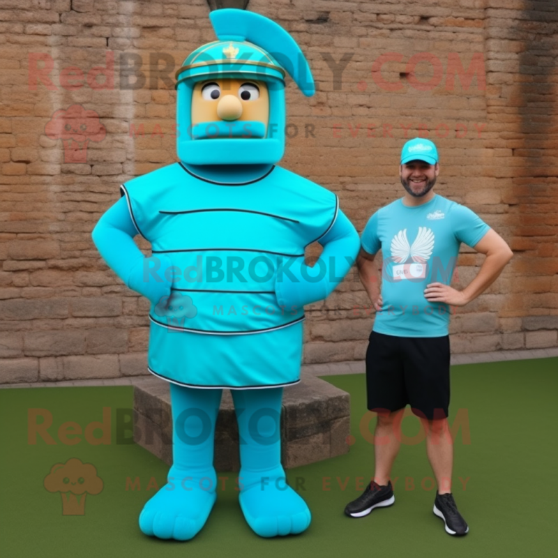 Turquoise Roman Soldier mascot costume character dressed with a Polo Tee and Ties Turquoise Roman Soldier mascot costume character dressed with a Polo Tee and Ties