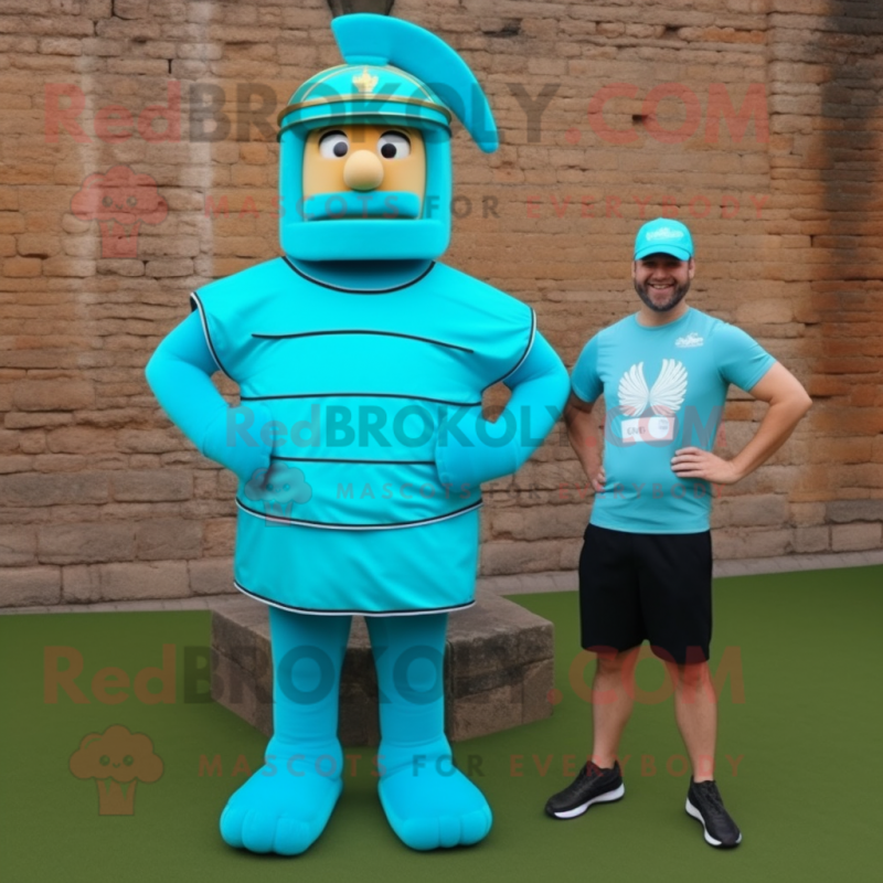 Turquoise Roman Soldier mascot costume character dressed with a Polo Tee and Ties