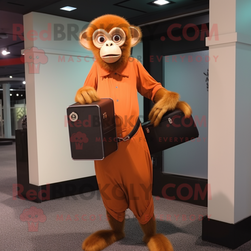 Orange Capuchin Monkey mascot costume character dressed with a Evening Gown and Briefcases