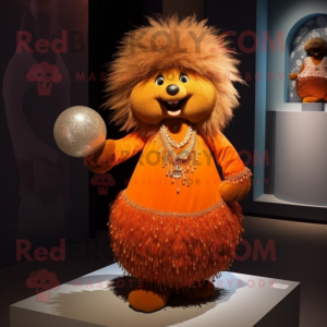 Orange Porcupine mascot costume character dressed with a Ball Gown and Necklaces