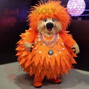 Orange Porcupine mascot costume character dressed with a Ball Gown and Necklaces