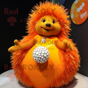 Orange Porcupine mascot costume character dressed with a Ball Gown and Necklaces