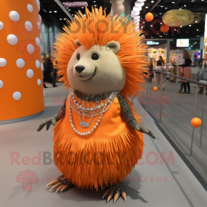 Orange Porcupine mascot costume character dressed with a Ball Gown and Necklaces