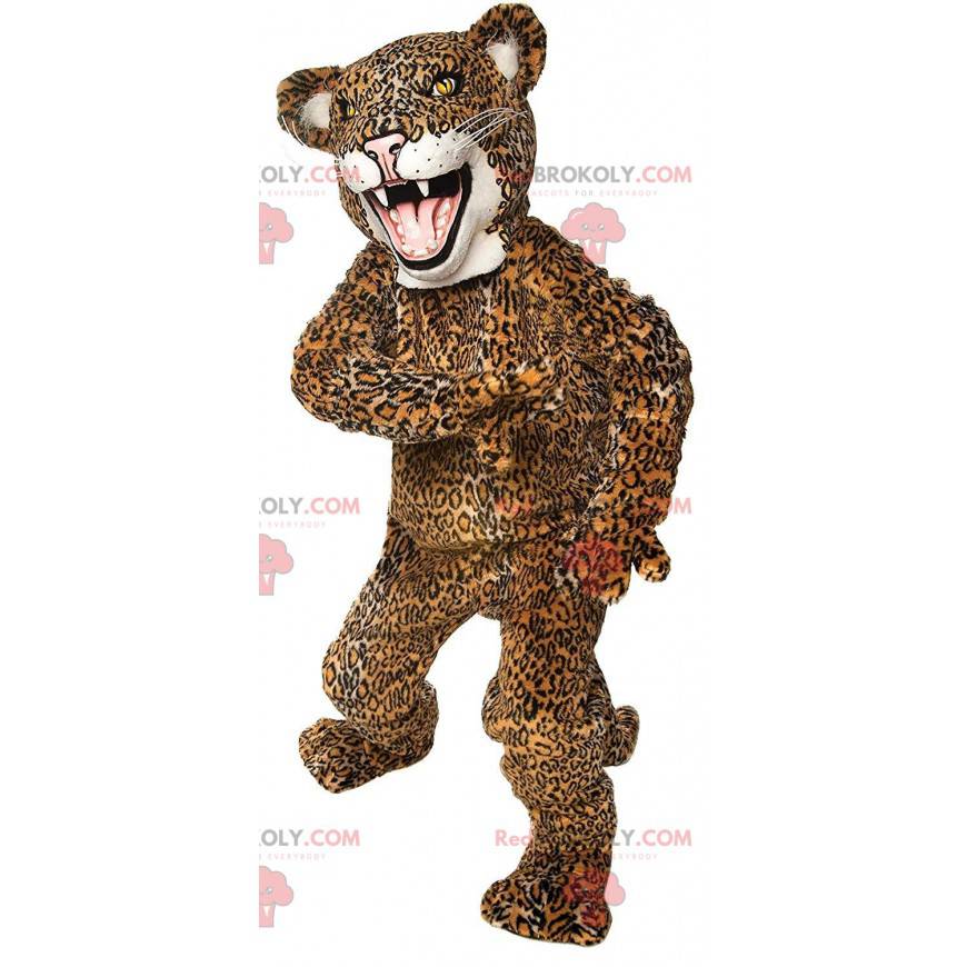 Geel en zwart jaguar mascotte, kostuum reusachtig beest -