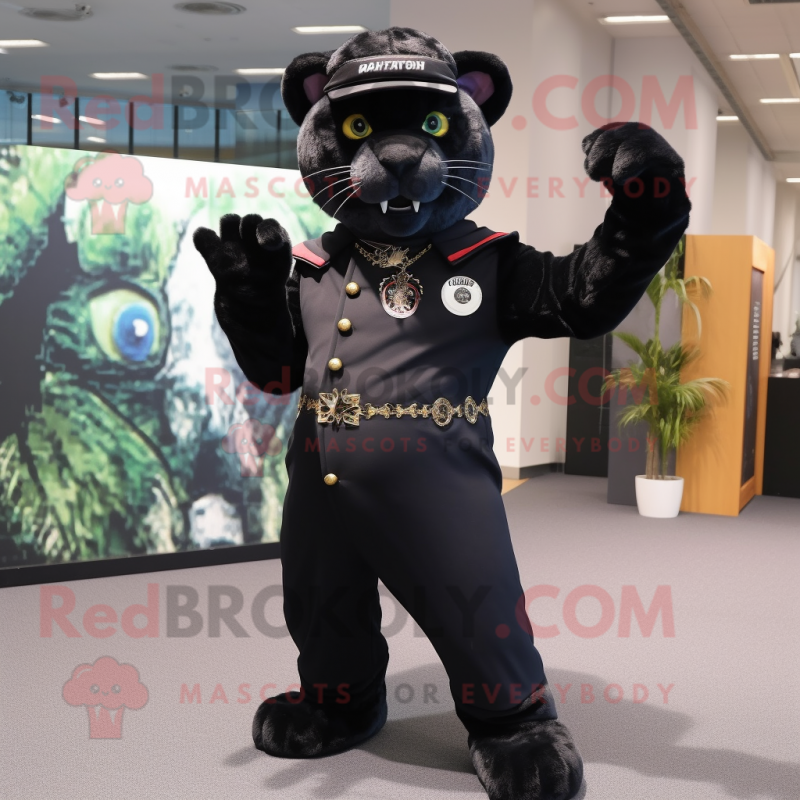 Black Leopard mascot costume character dressed with a Sheath Dress and Berets