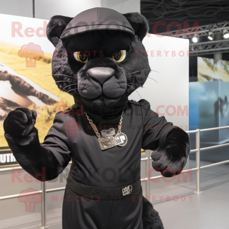 Black Leopard mascot costume character dressed with a Sheath Dress and Berets