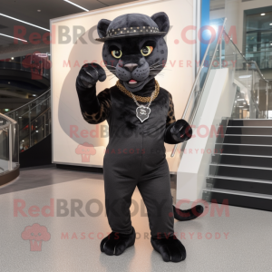 Black Leopard mascot costume character dressed with a Sheath Dress and Berets