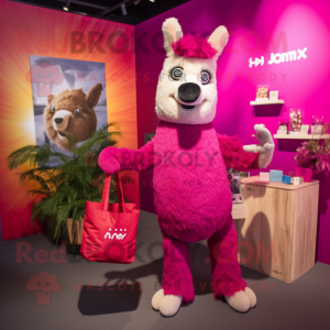 Magenta Llama mascot costume character dressed with a Trousers and Tote bags