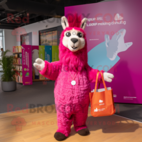 Magenta Llama mascot costume character dressed with a Trousers and Tote bags