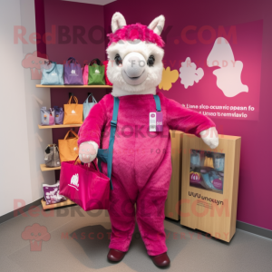 Magenta Llama mascot costume character dressed with a Trousers and Tote bags