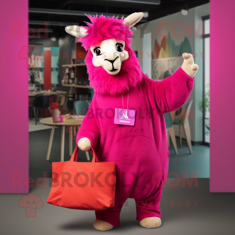 Magenta Llama mascot costume character dressed with a Trousers and Tote bags Magenta Llama mascot costume character dressed with a Trousers and Tote bags