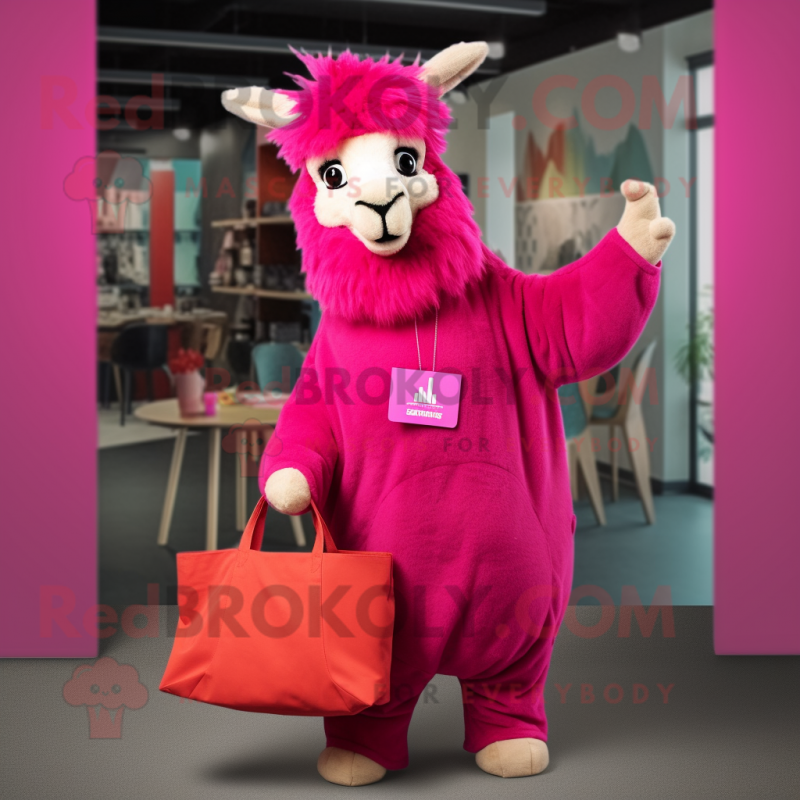 Magenta Llama mascot costume character dressed with a Trousers and Tote bags