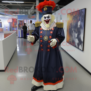 Navy Evil Clown mascot costume character dressed with a Empire Waist Dress and Caps