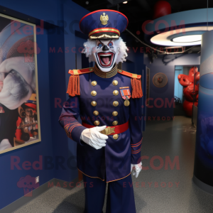 Navy Evil Clown mascot costume character dressed with a Empire Waist Dress and Caps