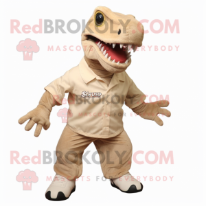 Beige Allosaurus mascot costume character dressed with a Polo Tee and Shoe laces